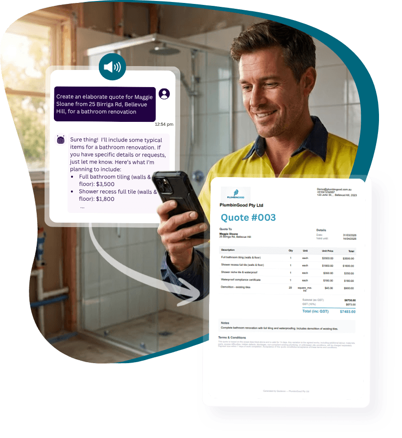 Tradie creating a quote on his phone using Quoteroo's AI chat, with the generated PDF quote shown alongside